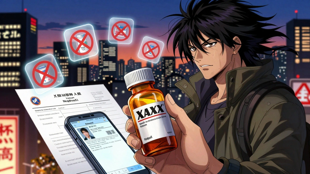 Hand holding Xanax bottle beside doctor’s letter and prescription photo, banned drug icons floating nearby.