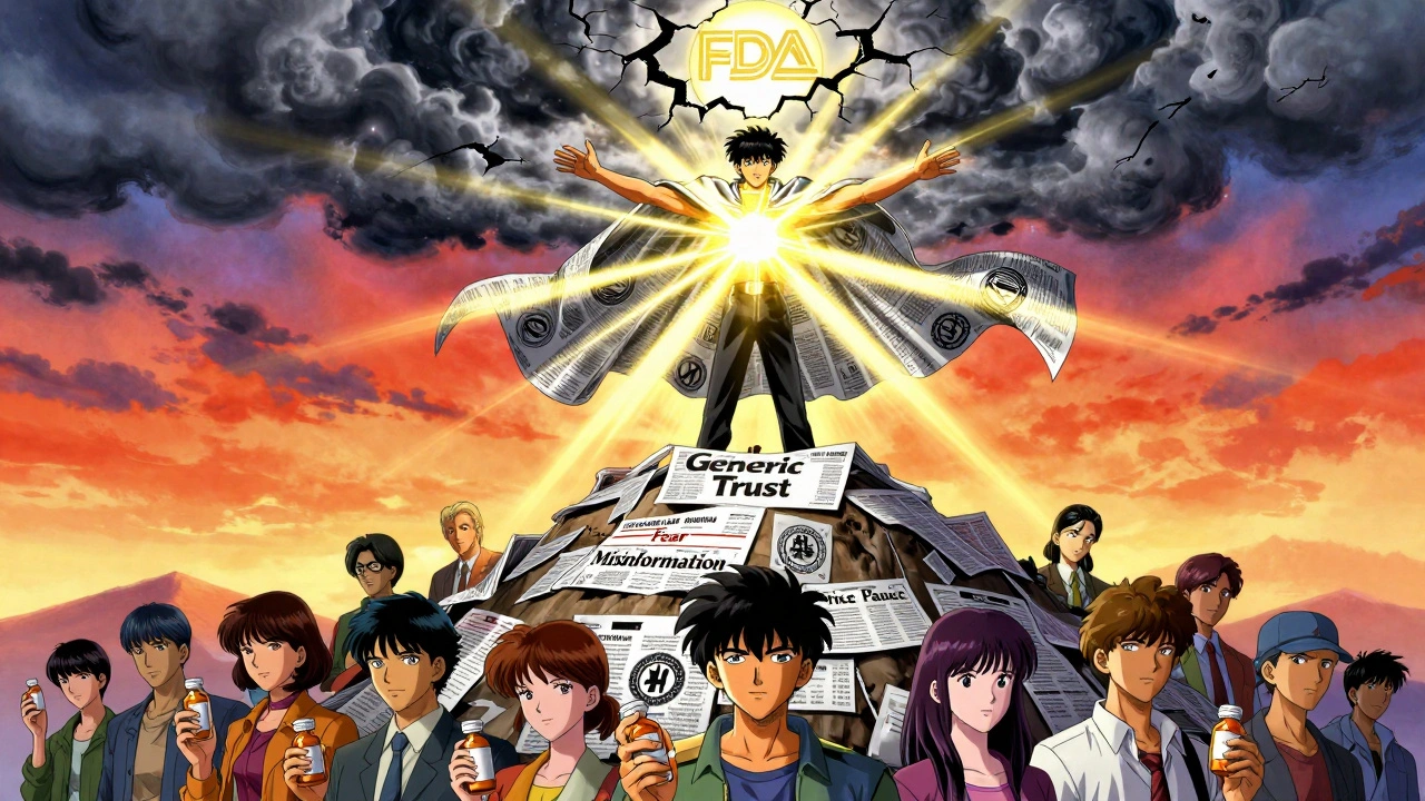 Heroic figure stands on pile of media clippings, radiating light as confident patients look up.