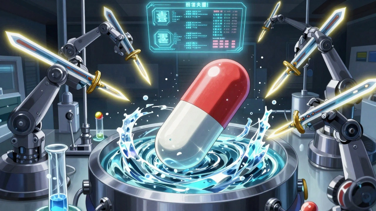 High-tech dissolution lab with a dissolving pill and futuristic instruments in Araki&#039;s signature style.