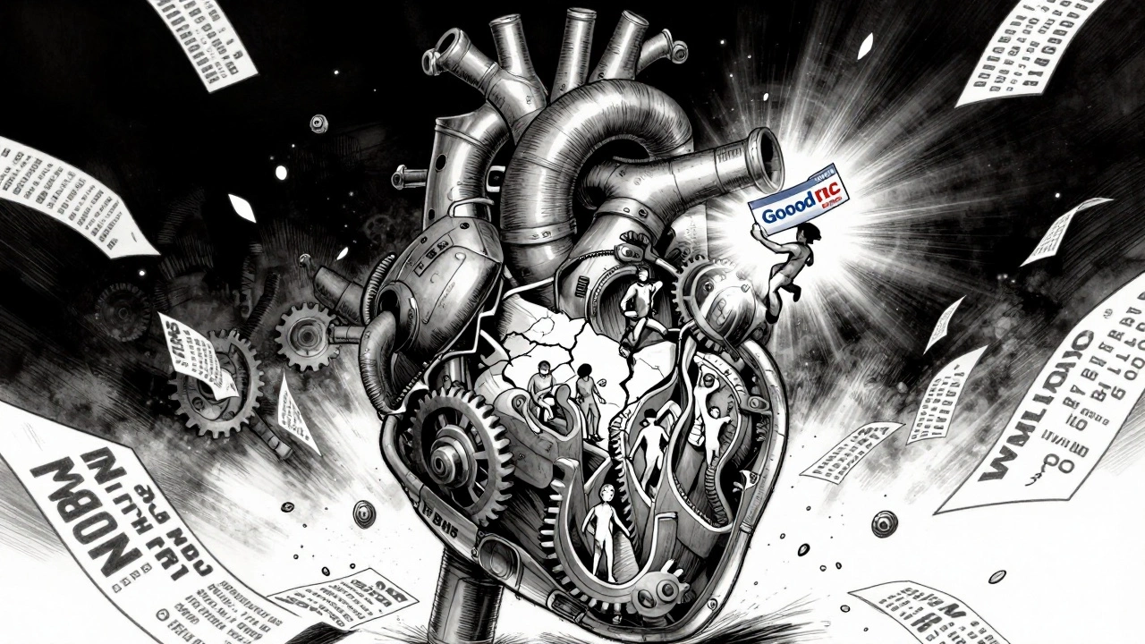 Mechanical heart of PBMs and drug pricing systems with one patient breaking free using a discount coupon.