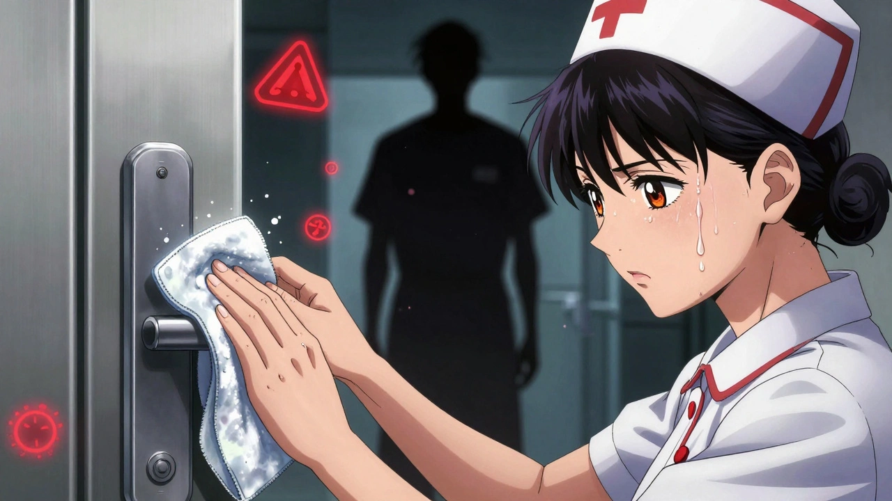 Nurse cleaning a door handle with bleach, glowing viral particles emanating from a silent figure nearby.