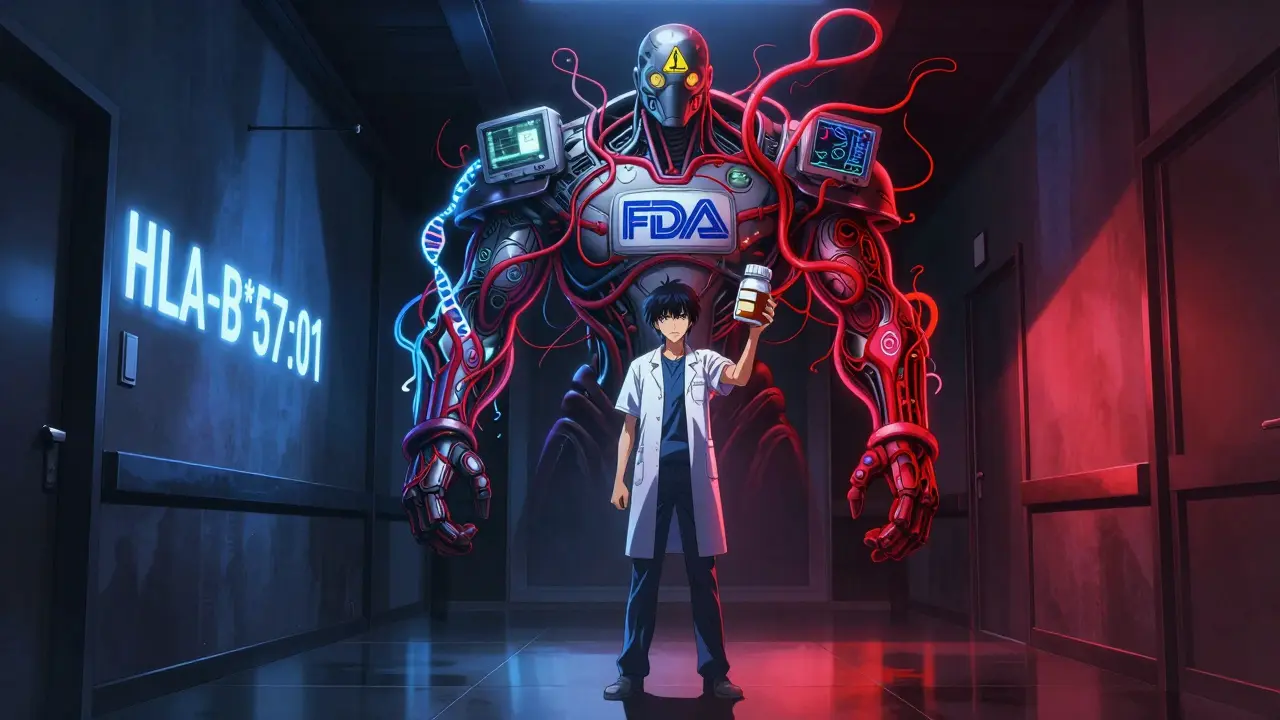 Patient confronted by a data-driven warning figure with glowing gene sequence on the wall.