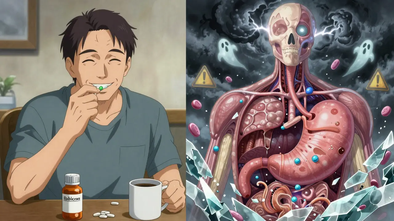 Patient swallowing pills while their internal organs show crumbling platelets and fleeing serotonin.