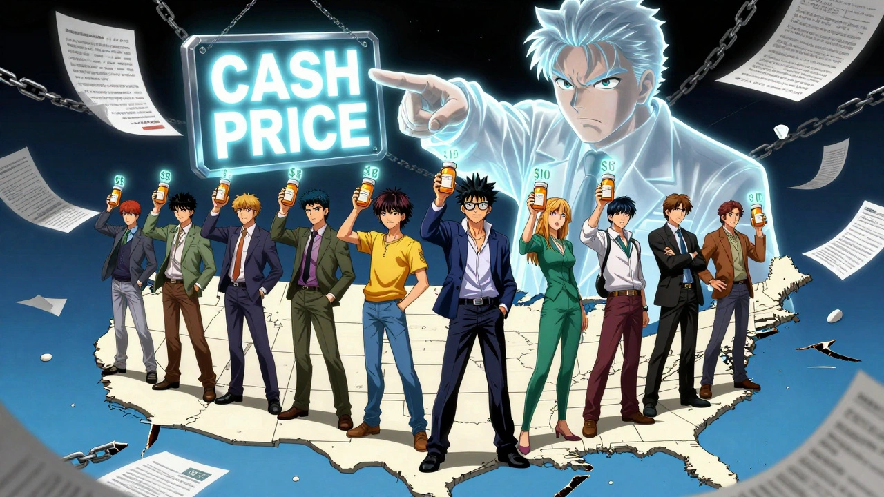 People across U.S. states holding same pill with wildly different prices, pharmacist pointing to &#039;CASH PRICE&#039; sign.