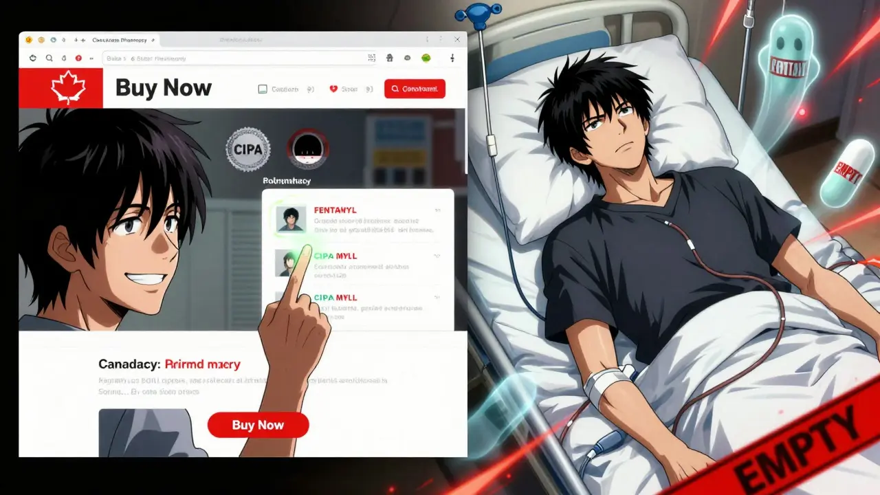 Person collapsing in hospital as ghostly counterfeit pills float around them, contrasting with a fake website.