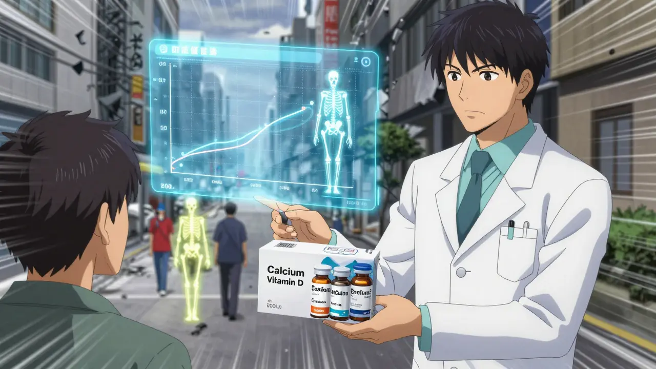 Pharmacist giving bone health kit as hologram shows bone density improving over time.