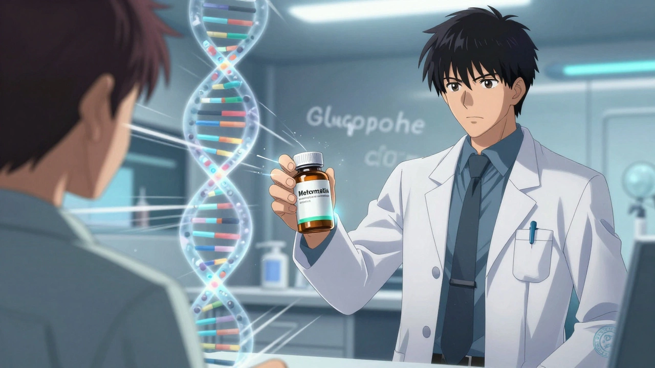 Pharmacist handing a pill bottle with generic and brand names overlaid in a futuristic clinic.