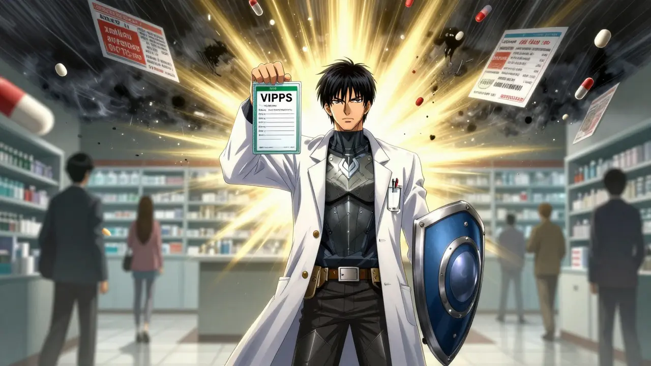 Pharmacist holding a certified label as shadowy fake meds dissolve into ash around them.