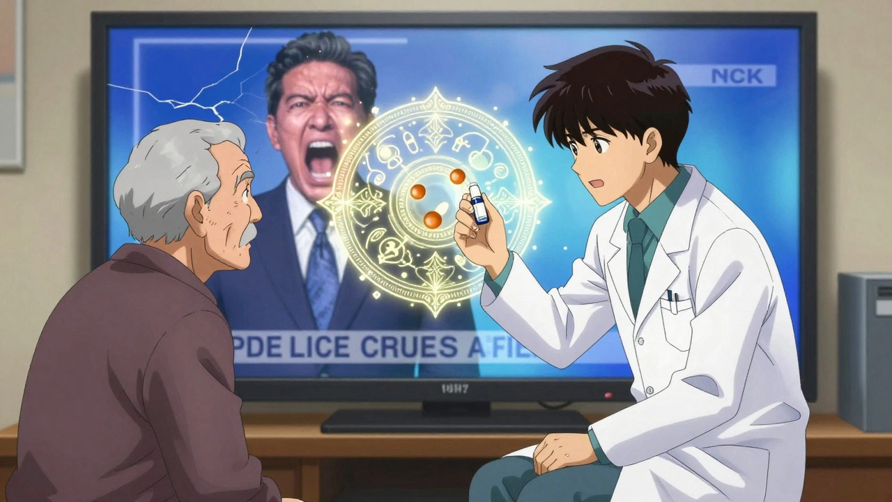 Pharmacist shows identical pills with glowing molecular structures, TV screen of sensational news behind.