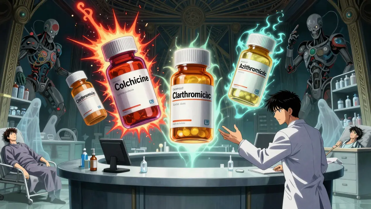 Pharmacy counter with floating pills, clarithromycin exploding into toxic glyphs.