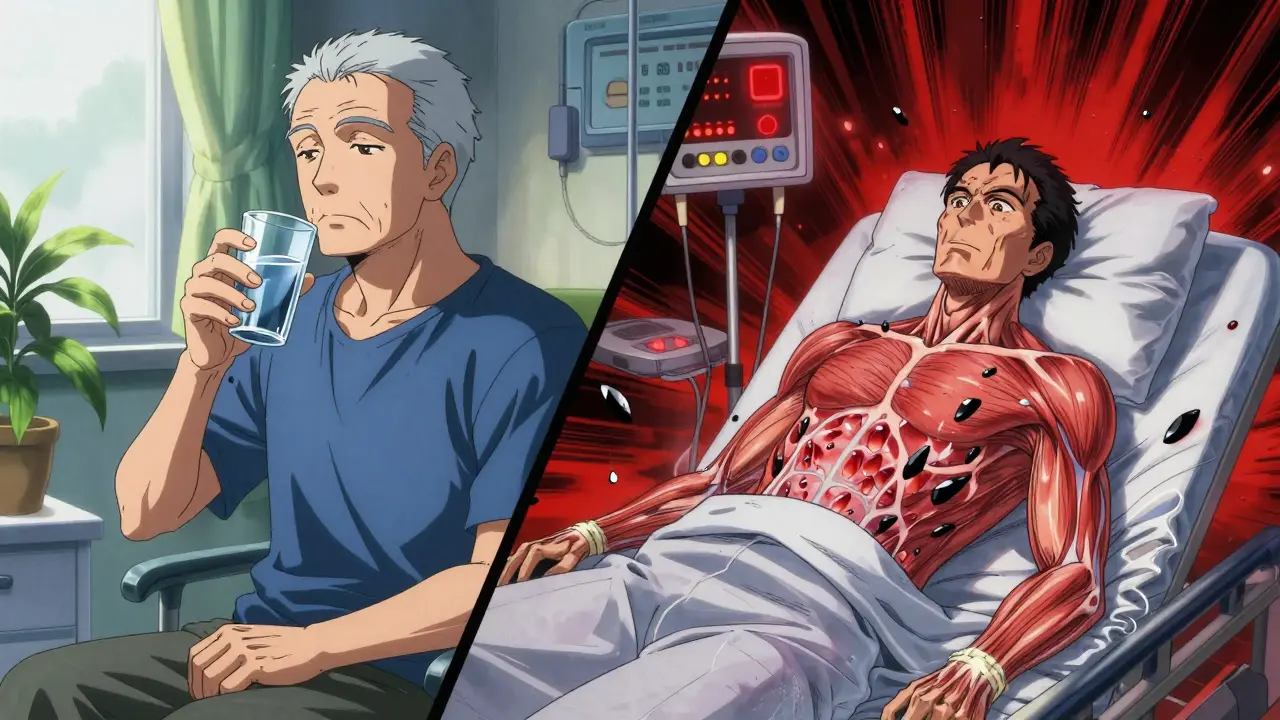 Side-by-side scene: peaceful home vs. hospital emergency with colchicine crystals in muscles.