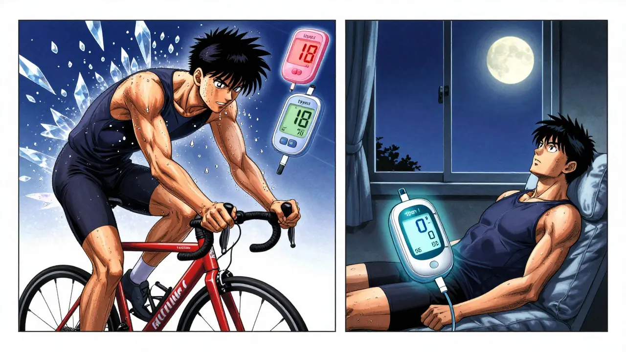 Someone cycling intensely during HIIT with floating blood sugar readings and an insulin pump glowing nearby.