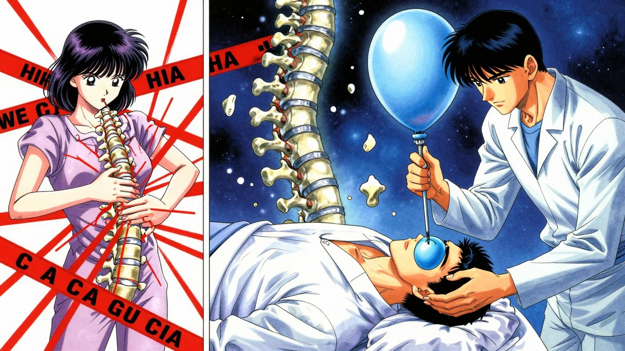 Split-panel anime scene contrasting chaotic cement leakage in vertebroplasty with controlled flow in kyphoplasty.