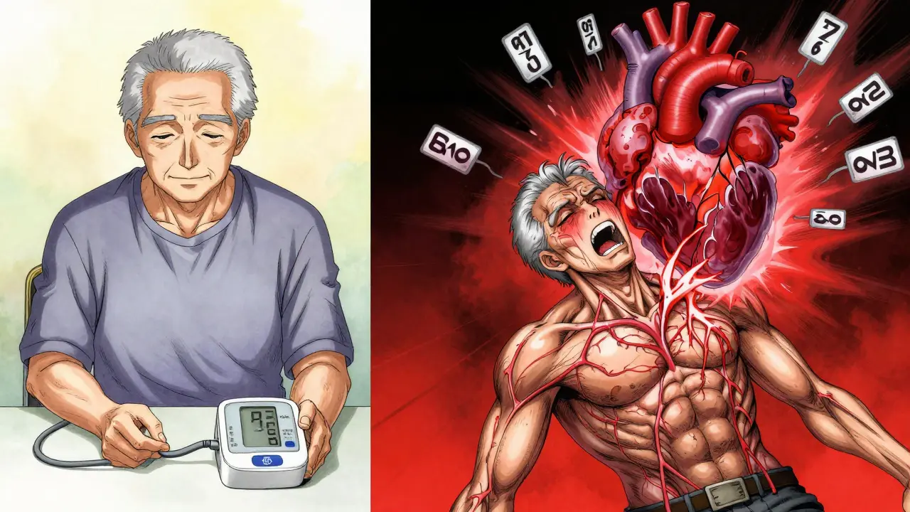 Split-panel of elderly patient: calm vs. hypertensive crisis with exploding blood pressure numbers.