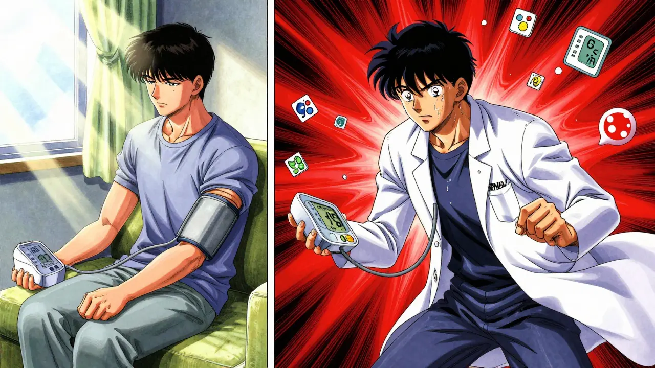 Split scene: calm patient vs. same person experiencing dangerous BP spike, dramatic anime lighting.