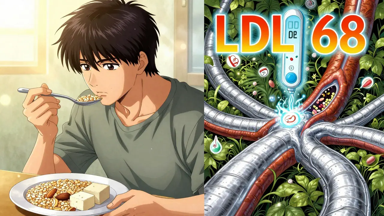Split scene: healthy diet on one side, clean arteries transforming on the other, floating nutrients and falling LDL numbers.