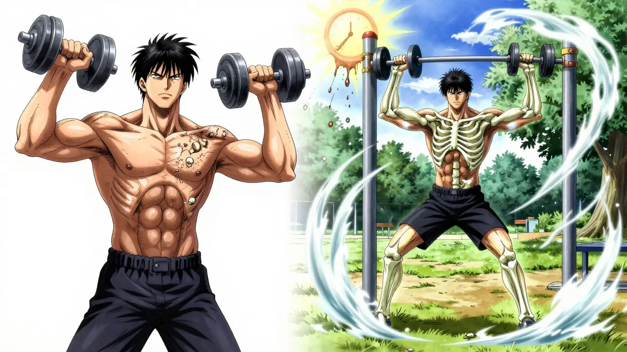 Split scene: person struggling with weights versus exercising confidently, bones crumbling versus glowing strong.