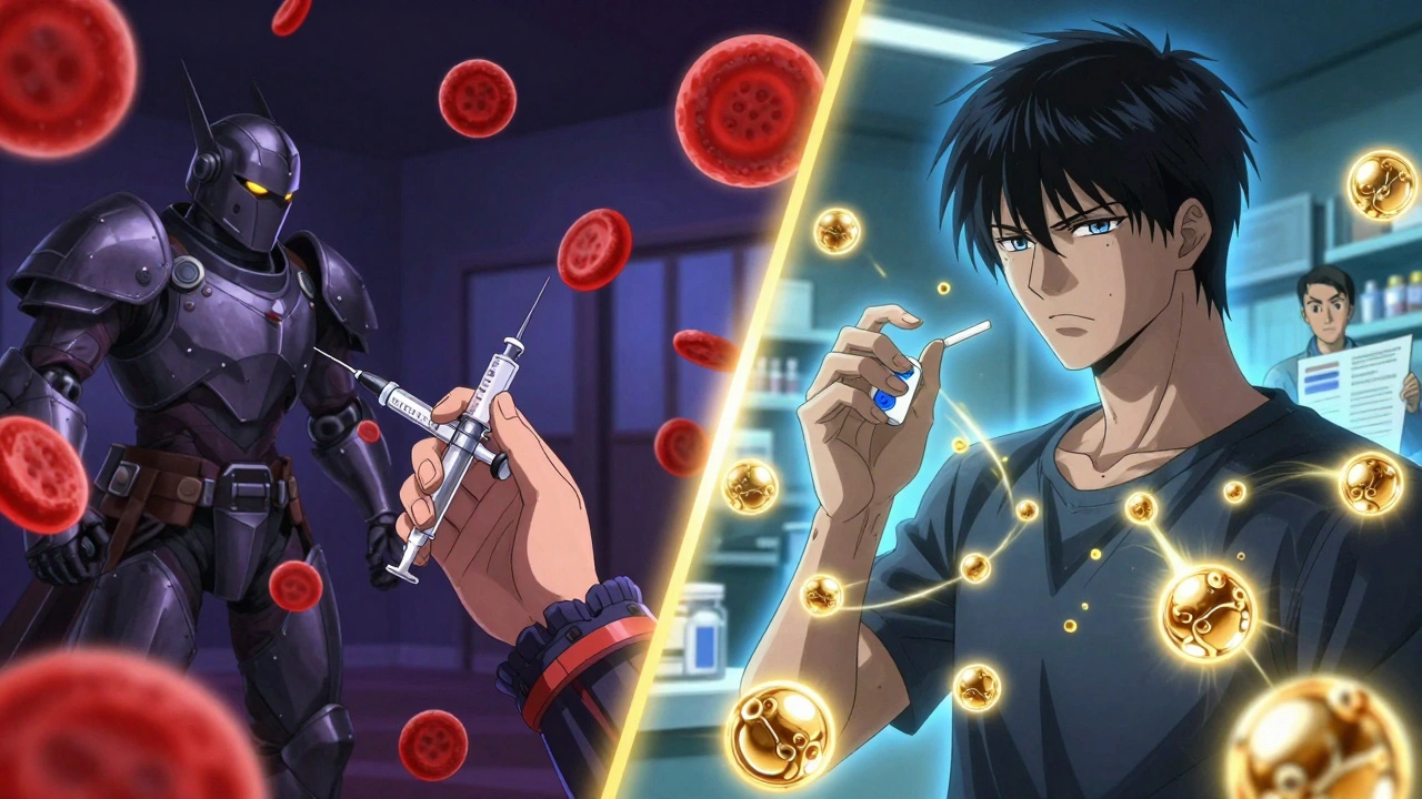 Split scene showing testosterone increasing red blood cells and SSRIs shifting emotional energy.