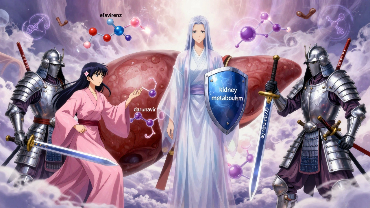 Surreal liver battlefield where estrogen battles enzymes, with a calm GnRH agonist figure in the center.