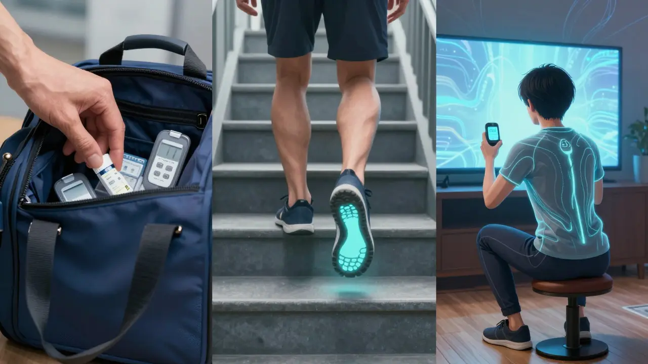 Three small scenes: grabbing glucose tabs, climbing stairs with glowing steps, doing squats at home with bio-luminescent energy lines.