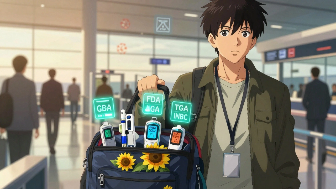 Traveler with insulin pump and CGM wearing sunflower lanyard, digital tracking codes glowing above devices.