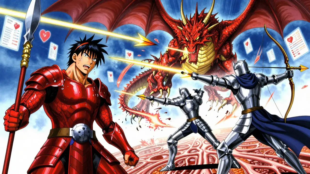 Two medical warriors attack a shrinking LDL dragon with coordinated energy arrows in an arterial landscape.