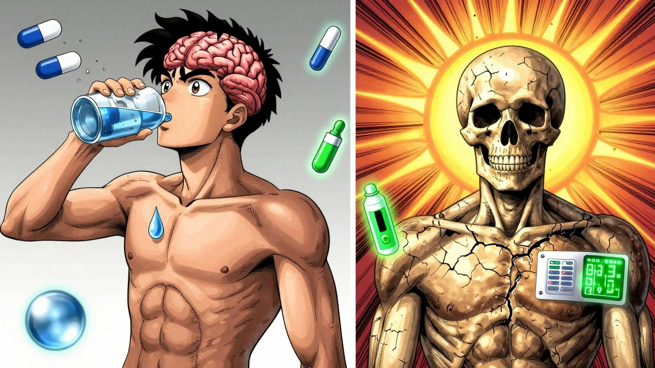 Two patients in stylized scenes: one drowning in water from overhydration, the other cracked by dehydration, with medical icons floating around them.