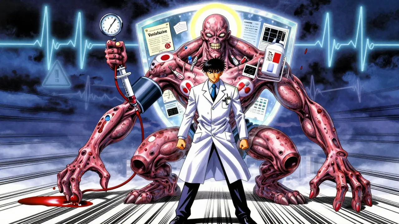 Warrior battling a pill monster representing venlafaxine, with medical charts as protective halo.