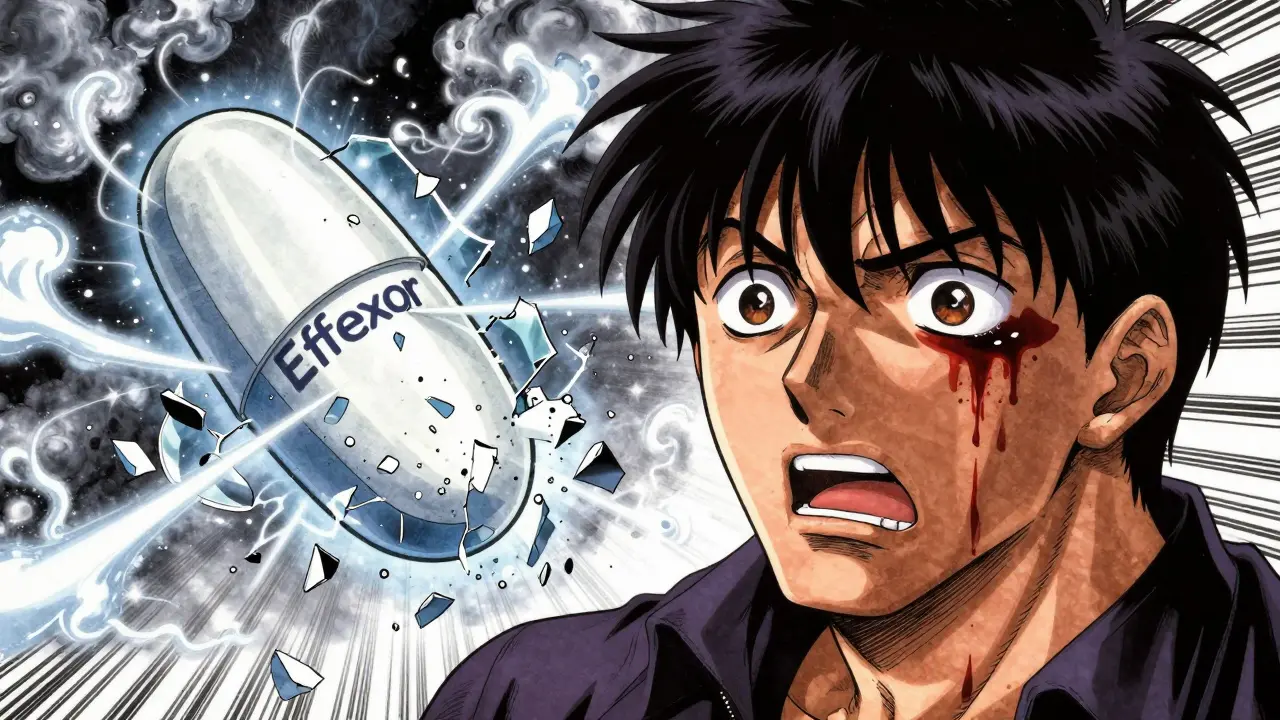 Young man with nosebleed, shattered Effexor pill releasing energy waves, intense manga-style emotion.