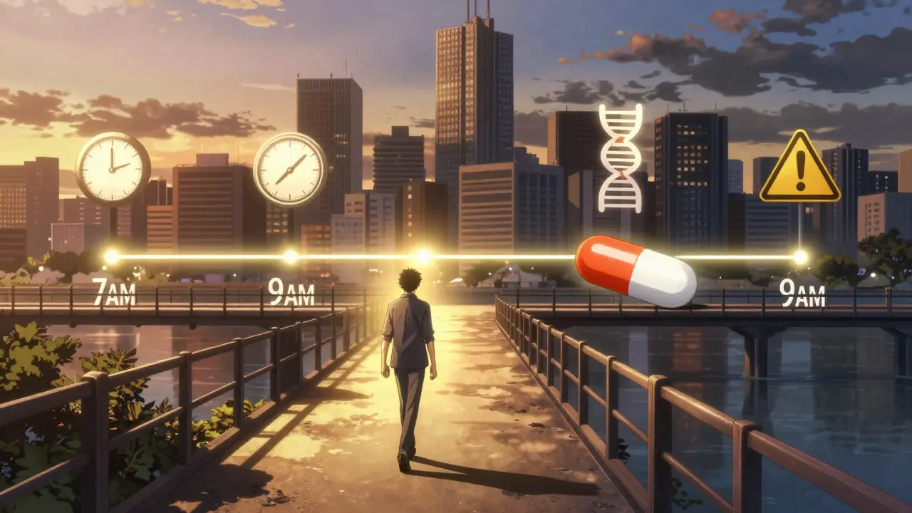 A daily medication schedule timeline with doxycycline and antacid separated by hours.