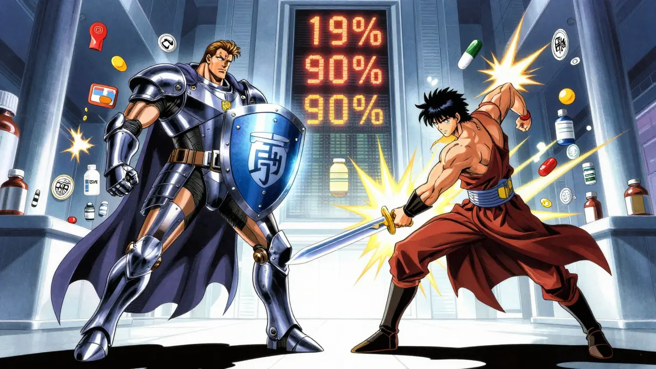 A dramatic showdown between brand-name and generic drug companies symbolized as warriors with patent shields and bioequivalence swords.