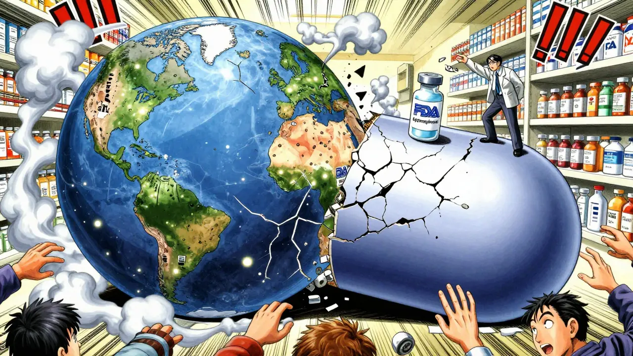 A fractured global medicine supply chain with factories overseas and a lone inspector reaching for a critical drug vial.