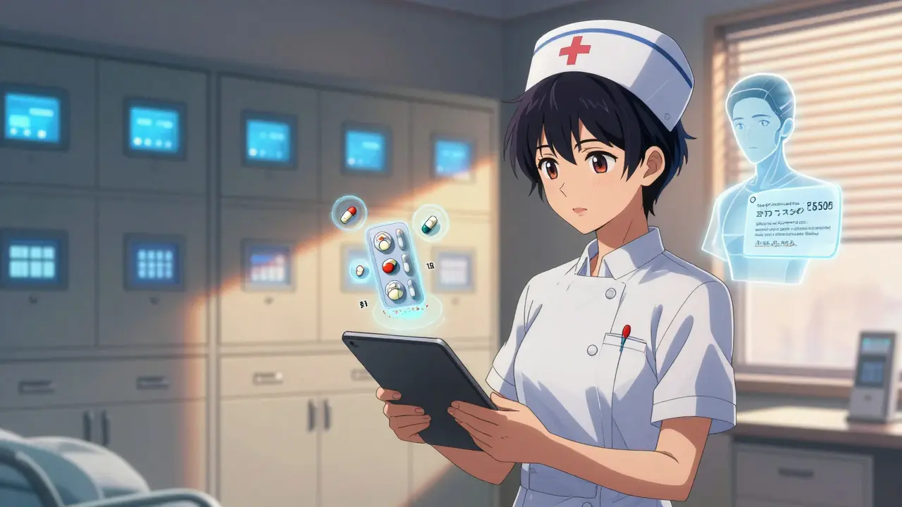 A nurse scanning medication blister packs on a tablet, with floating countdowns and smart cabinets in the background.