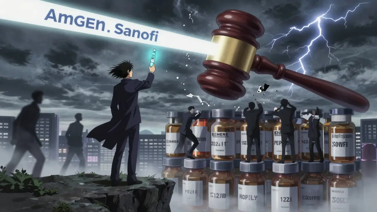 A patient on a cliff holding insulin, facing a city of pills and a fractured Supreme Court gavel above.