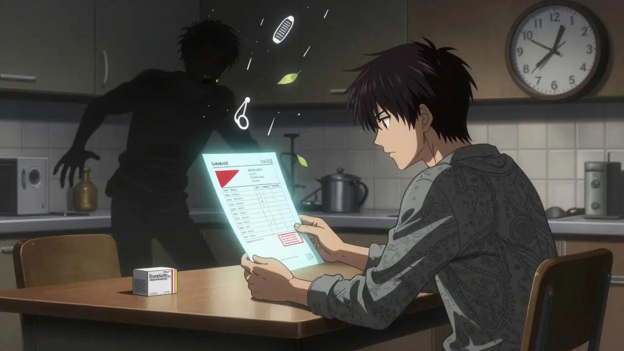A patient stares at a blood test as a holographic black box warning looms above them in intense anime lighting.