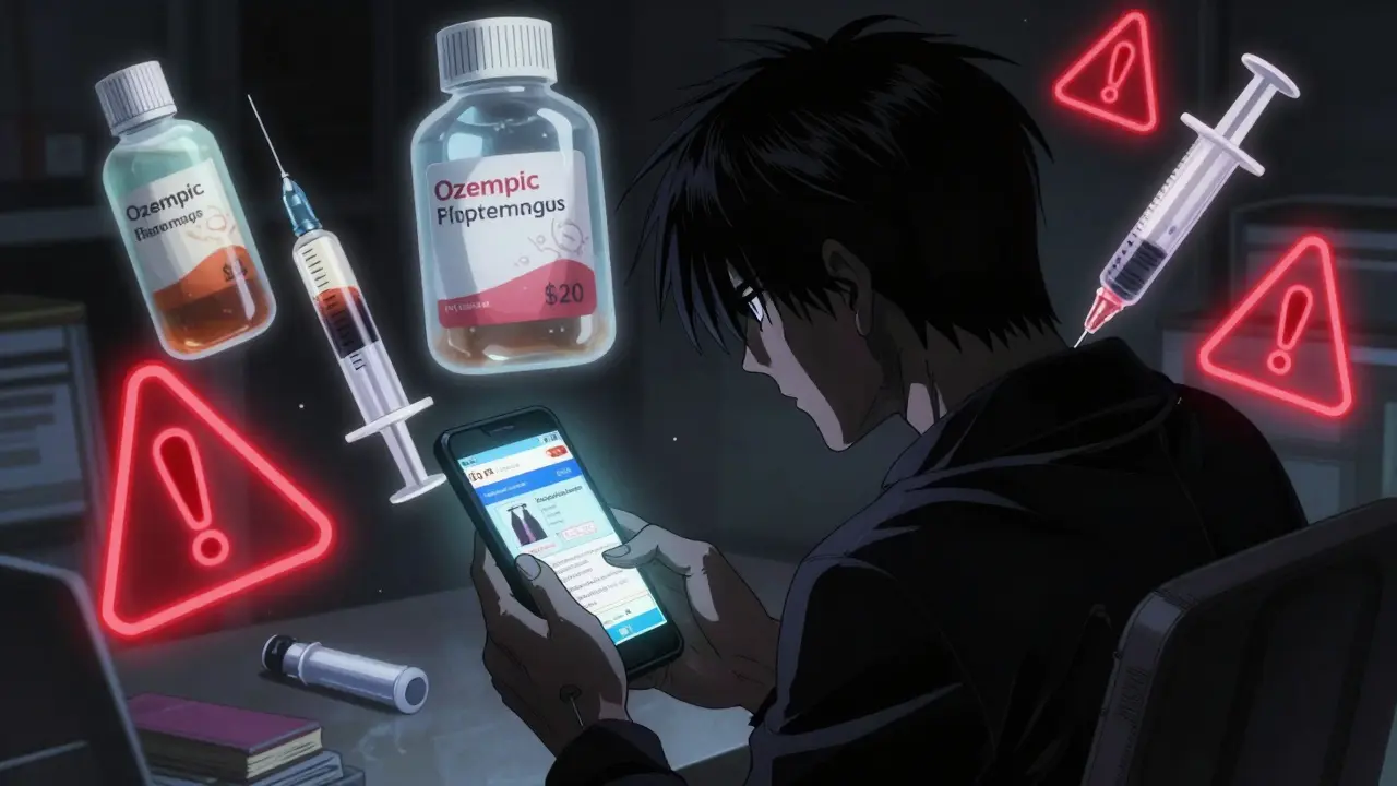 A person texting on a phone with a fake online pharmacy screen glowing in the dark.