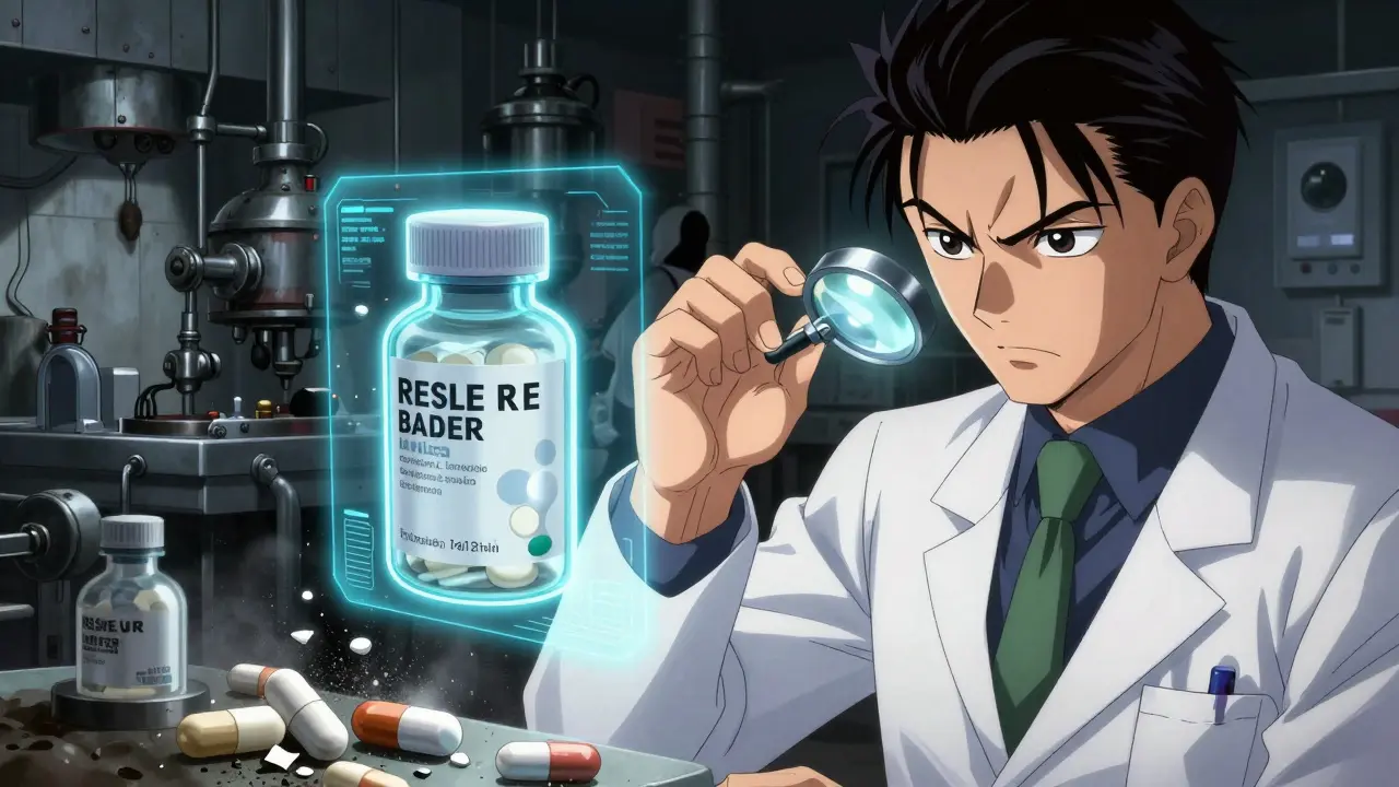 A pharmacist examining a pill bottle with a holographic image of a counterfeit lab behind them.