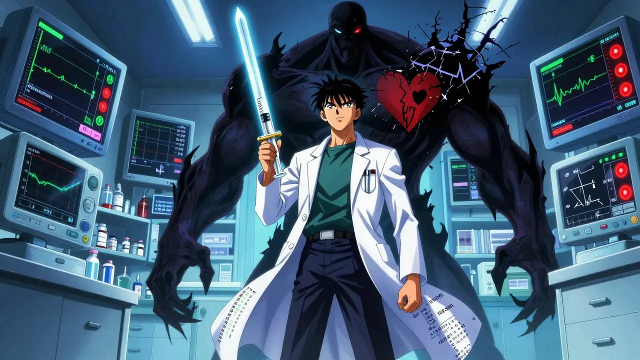 A pharmacist holding a safe 8mg syringe as a weapon, standing against a monstrous 32mg drug entity, with monitors showing QT intervals and safe alternatives in the background.