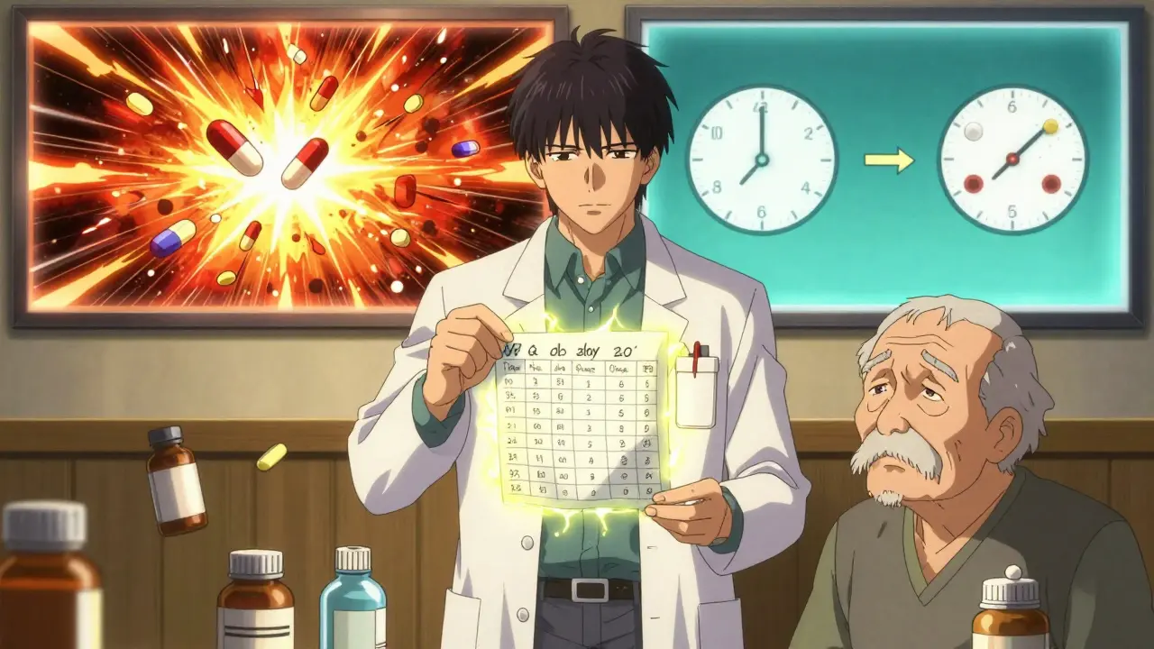 A pharmacist holding a timing chart that shows successful vs failed antibiotic treatment.