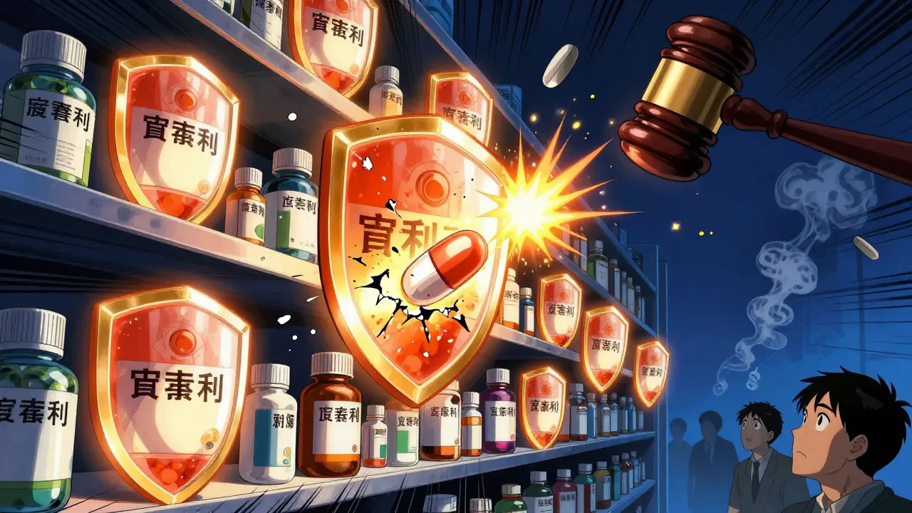 A pharmacy shelf with brand drugs shielded by glowing patents, as one generic pill breaks through in a burst of sparks.