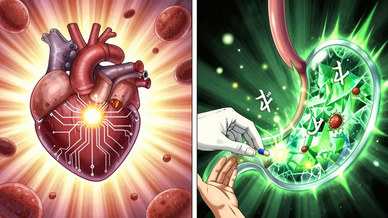 A split scene showing a heart with a stent and a protected stomach, connected by a doctor's hand placing a PPI pill.