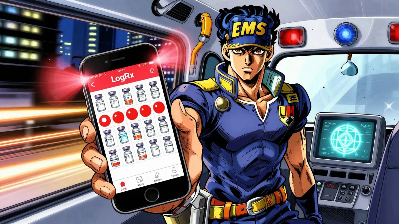 An EMS paramedic in an ambulance viewing expiration alerts on a phone, with blockchain symbol glowing nearby.