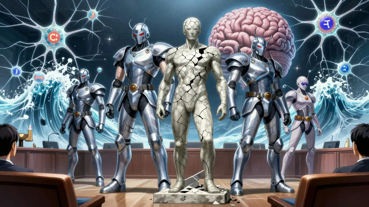 Armored antihistamines vs crumbling diphenhydramine statue in a surreal brain courtroom scene.