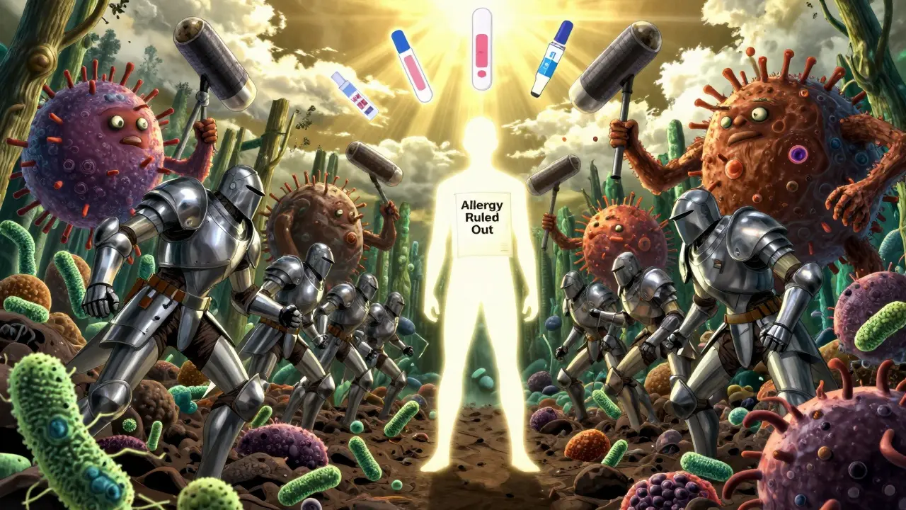 Battle inside the body: penicillin knights fight superbugs, patient holds certificate proving allergy is ruled out.