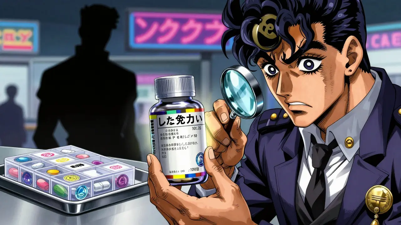 Customs officer examining a prescription bottle with glowing labels in an international airport.