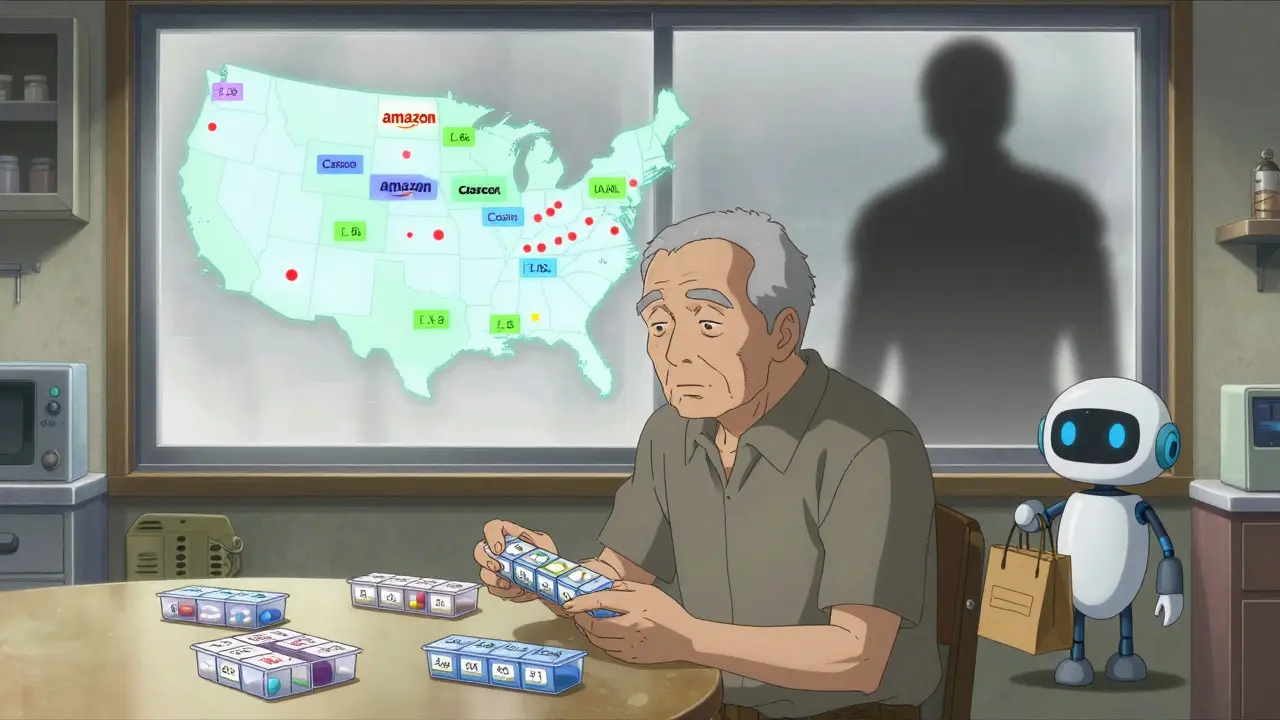 Elderly man at table with pill organizers and a price map projecting above him, insurance fading in background.