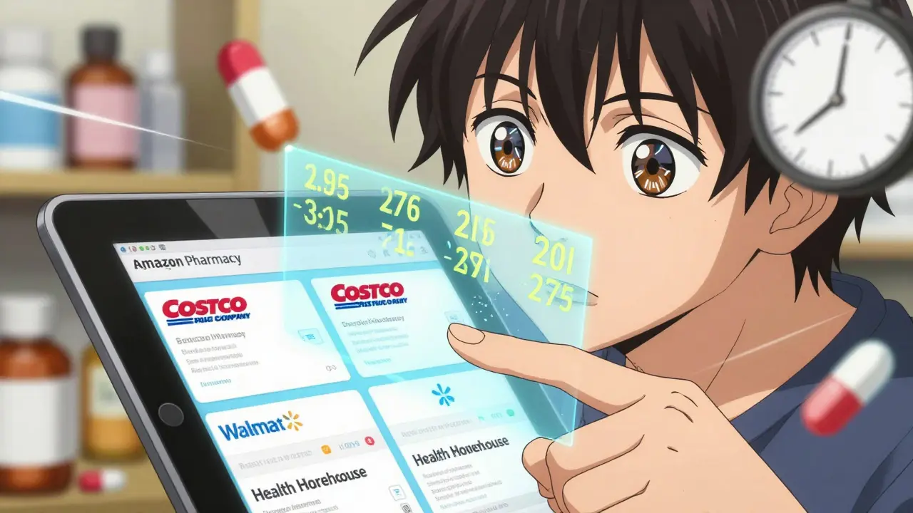 Hand comparing real-time pharmacy prices on a glowing tablet screen with floating price numbers.