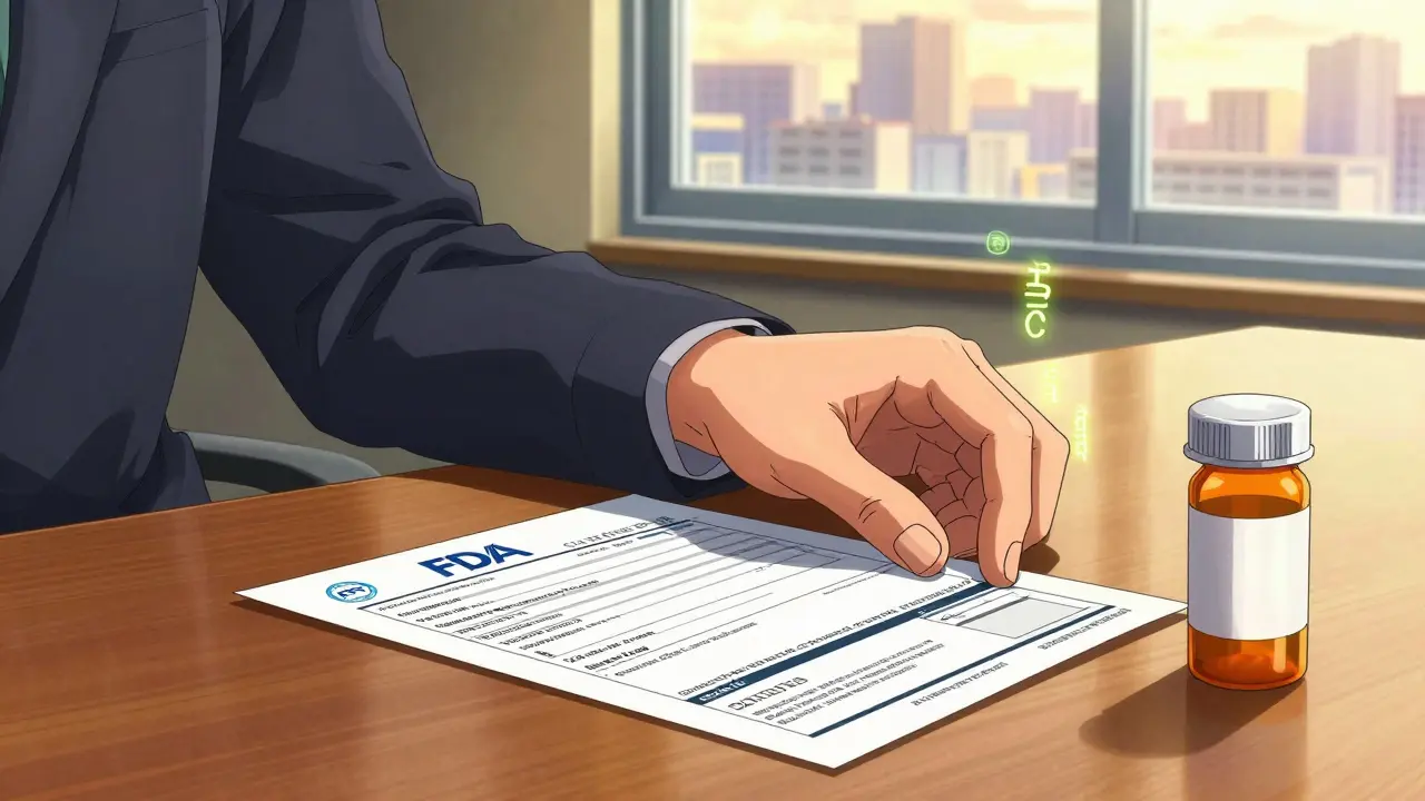 Hand placing official FDA alert next to prescription bottle, with glowing medical symbols in background.