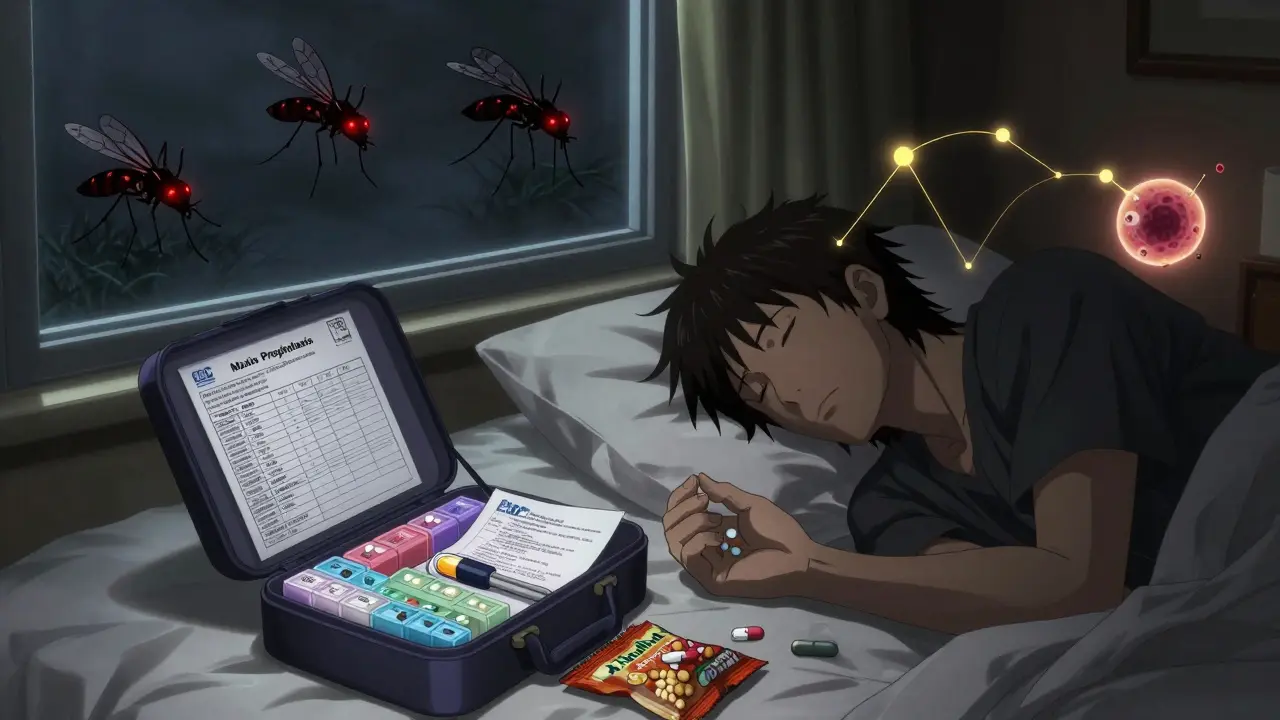 Medical kit with pills, calculator, and snacks beside a bed, mosquitoes hovering with time zone labels.
