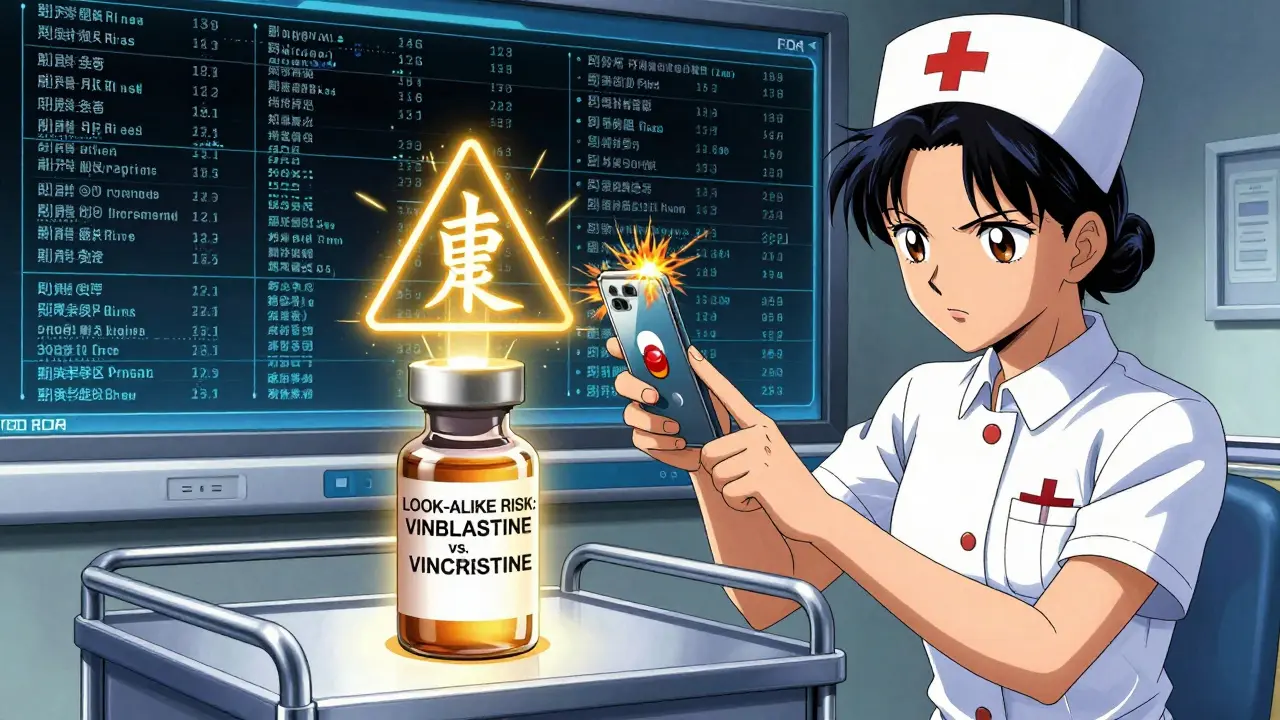 Nurse scanning a vial with a smartphone that projects a golden AI warning about similar drug names.